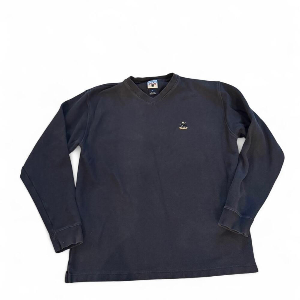 Faconnable Mens Navy Blue V-Neck Pique Knit Long‎ Sleeve Pullover Sweater Large